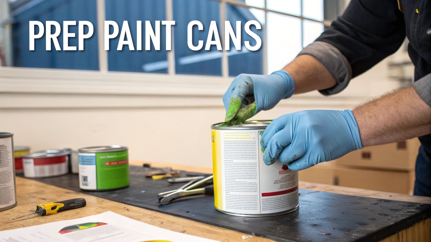A person wearing blue gloves prepares paint cans on a workbench, with various tools and other cans visible.
