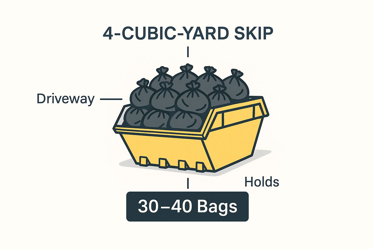 Infographic showing a 4-yard skip filled with 30-40 bin bags on a driveway.