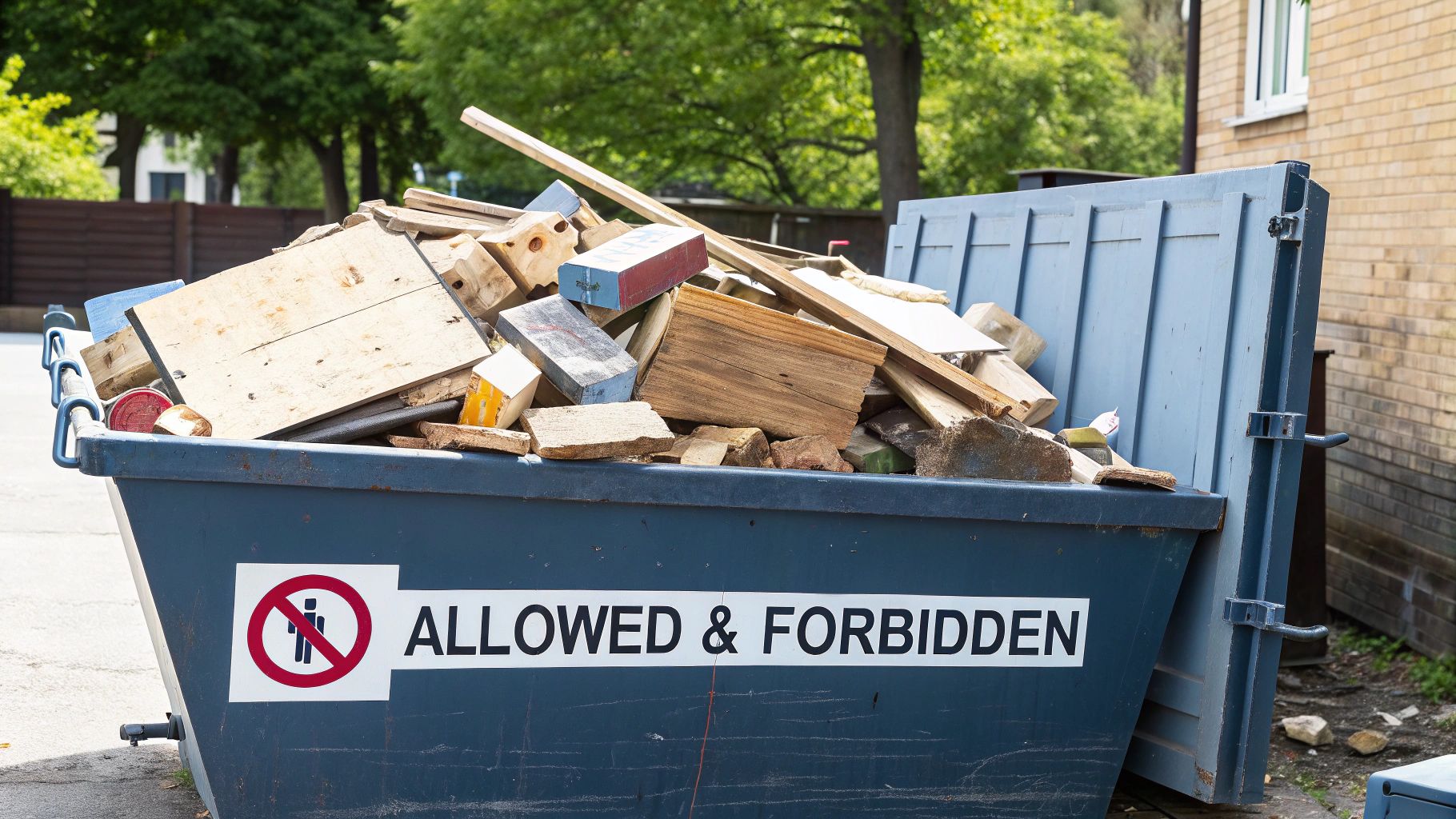 A large blue skip full of various wood pieces and building debris, with an 'ALLOWED & FORBIDDEN' sign.