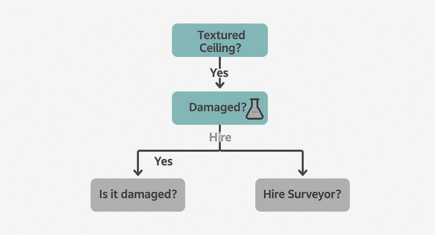 Decision flowchart for removing textured ceiling showing steps from inspection to hiring surveyor or damage assessment