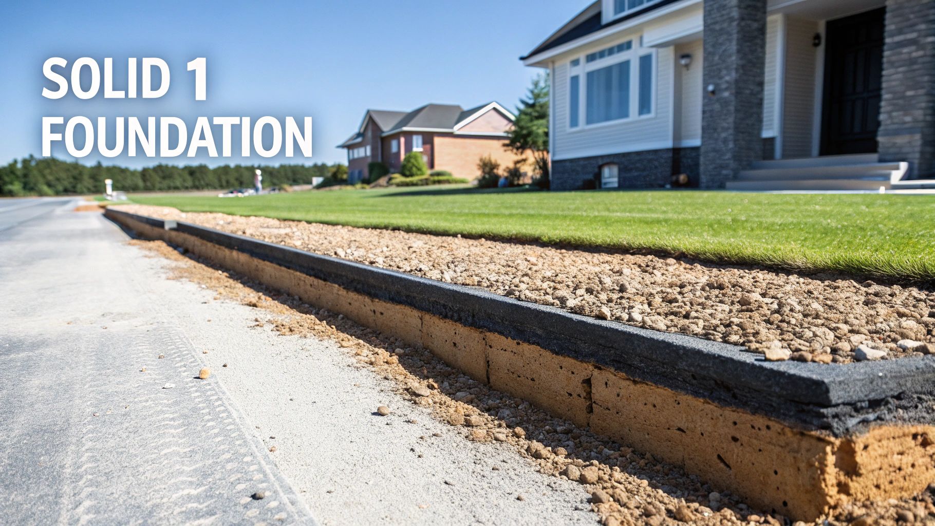 A detailed view of a solid foundation or landscaping edge with gravel and green lawn.