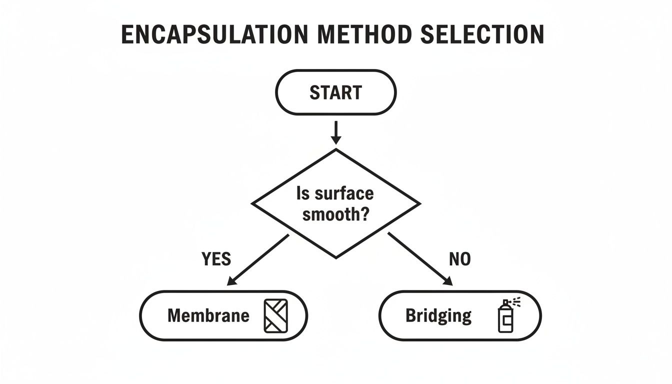 Flowchart illustrating encapsulation method selection based on surface smoothness: Membrane for smooth, Bridging for non-smooth surfaces.