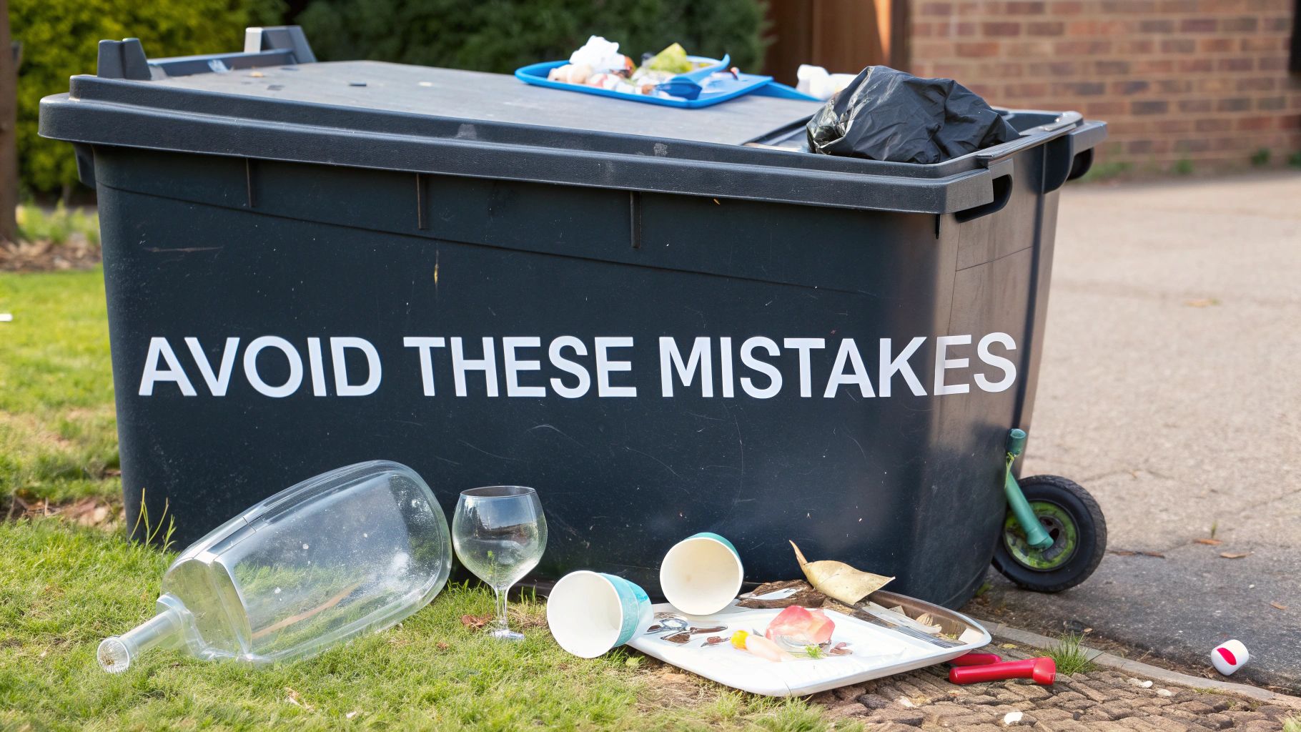 A black trash bin with 'AVOID THESE MISTAKES' text, surrounded by scattered litter on grass and pavement.