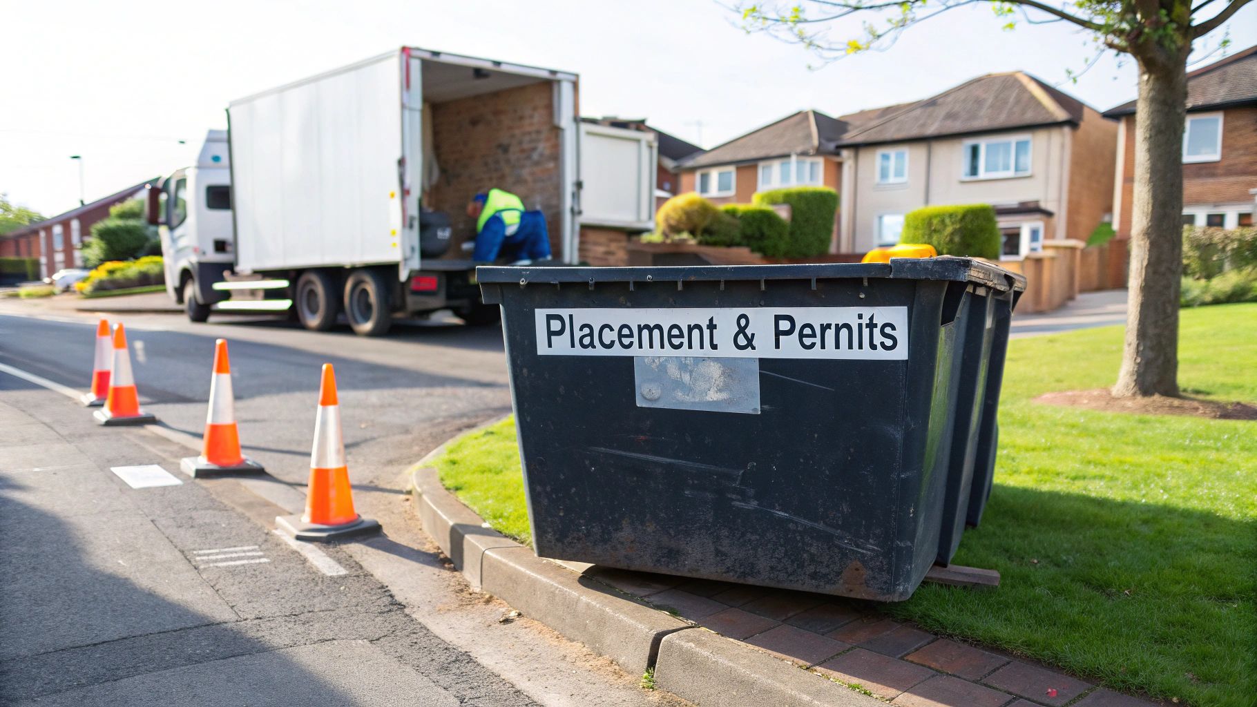 A skip being carefully placed on a residential street next to a house.