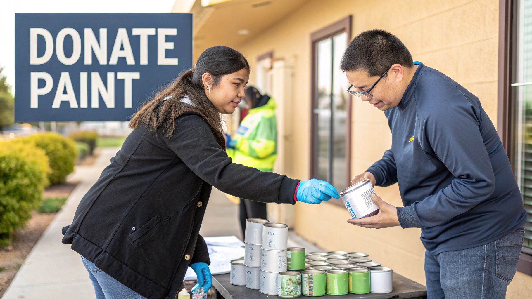 Volunteers exchange paint cans at an outdoor 'DONATE PAINT' collection event.
