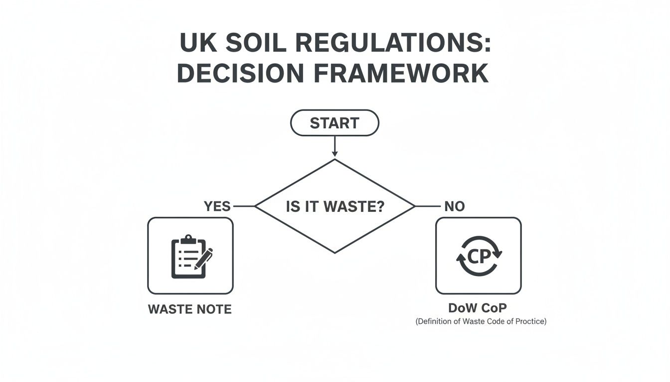 Flowchart illustrating UK soil regulations decision framework: Is soil waste? Yes leads to Waste Note, No to DoW CoP.