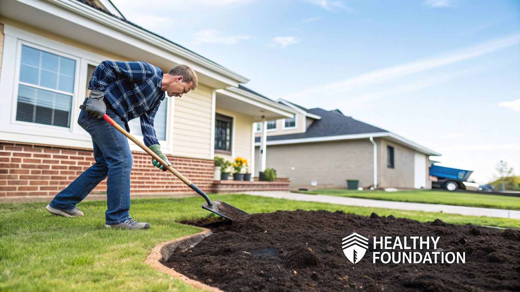 A man in a plaid shirt and jeans shovels dark topsoil into a garden bed near a house.