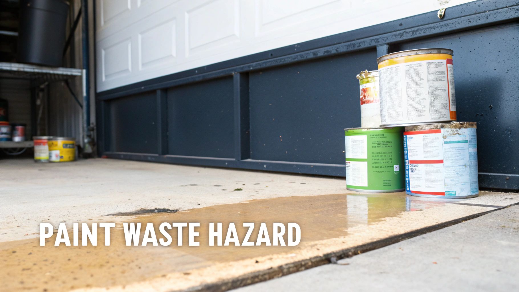 A stack of used paint tins in a garage, representing household paint waste.