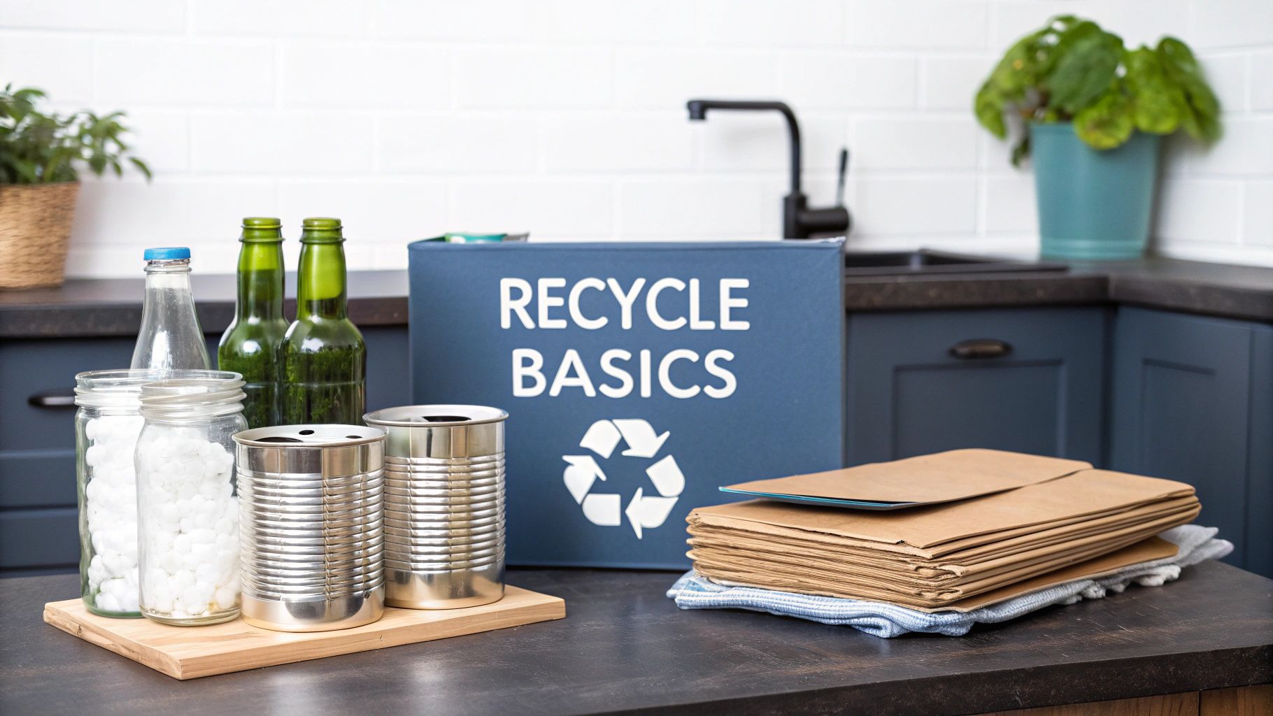 Recyclable glass bottles, jars, metal cans, and paper bags on a kitchen counter near a 'RECYCLE BASICS' box.