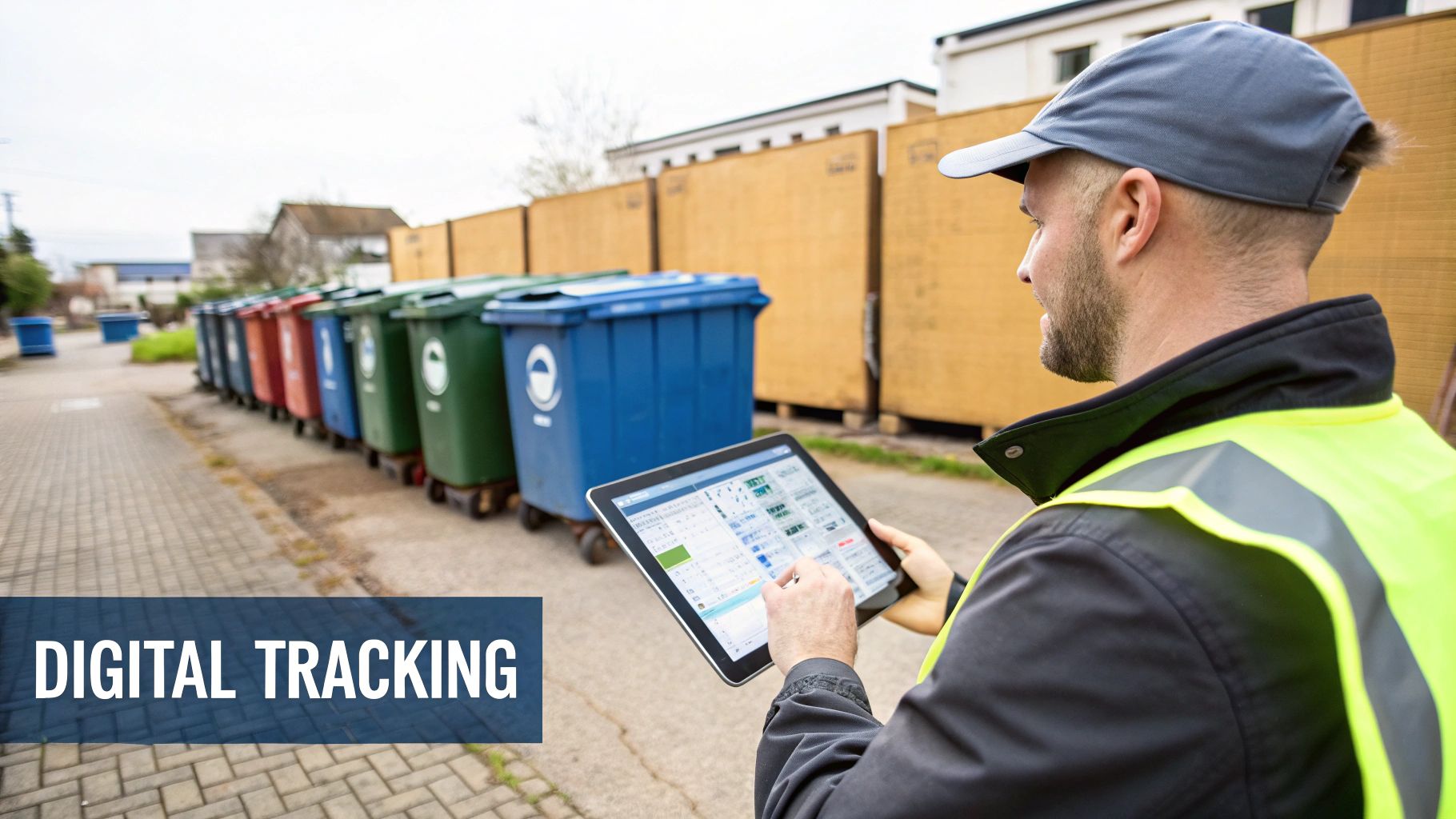 A construction site manager using a tablet to track waste data, showing how technology streamlines waste management for construction.