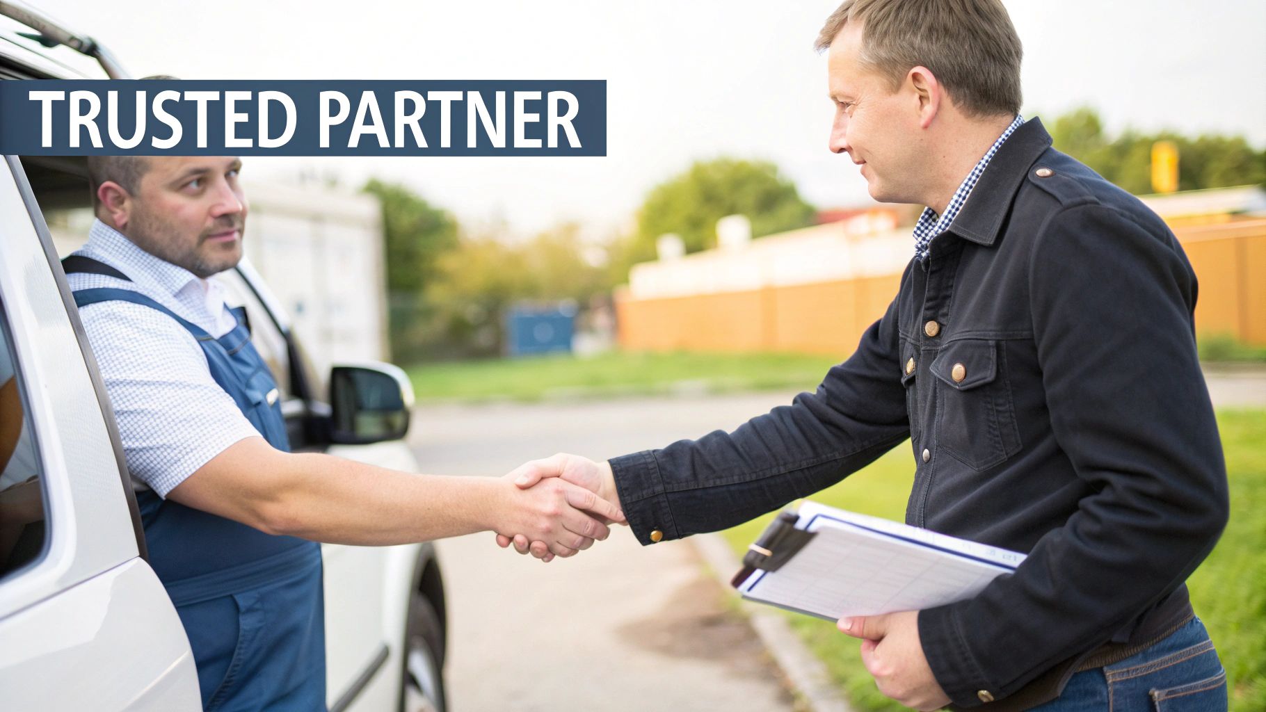 Two men, a service worker and a customer, shaking hands by a white van, 'TRUSTED PARTNER' text.