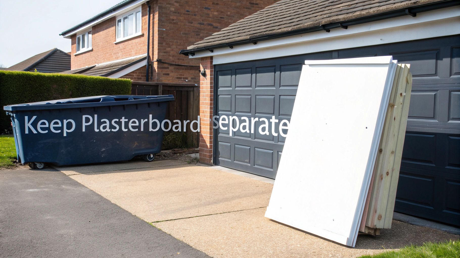 Blue skip bin labeled 'Keep Plasterboard separate' next to stacked plasterboard sheets by a residential garage.