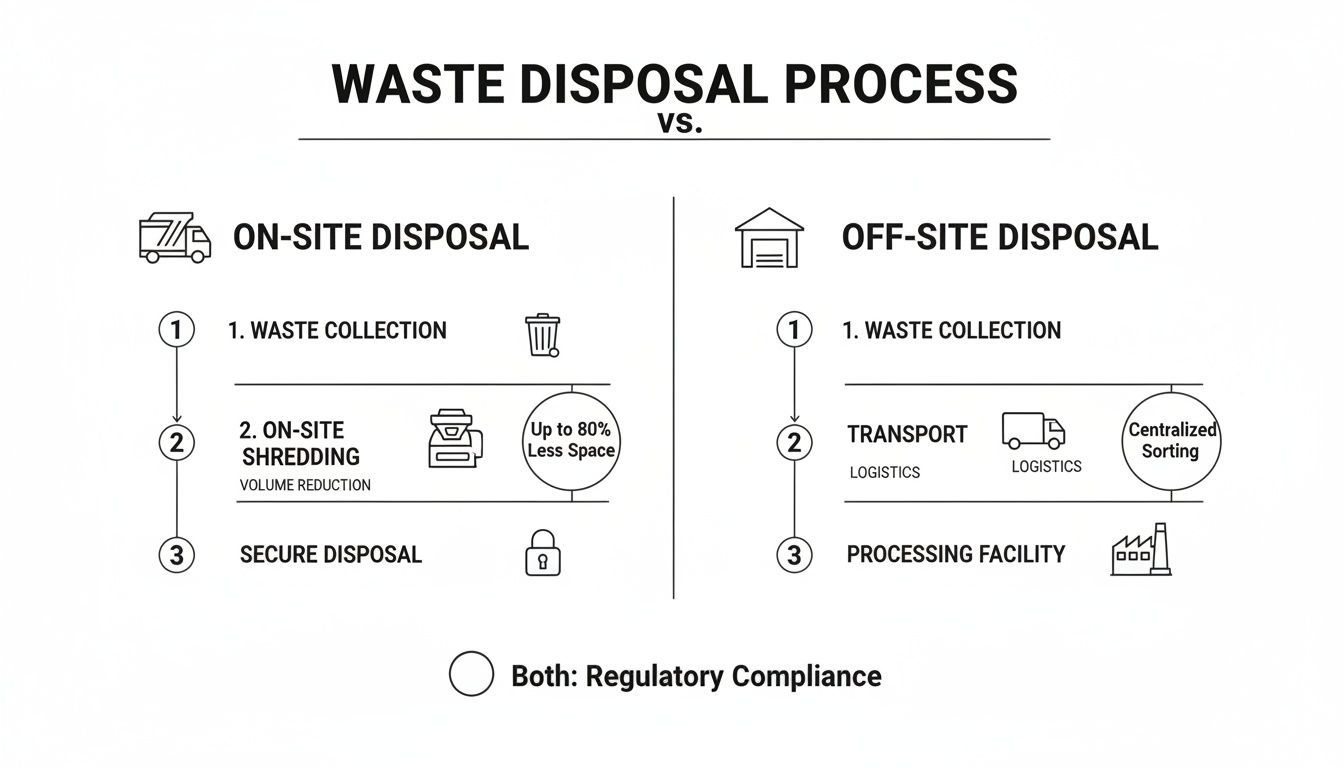 Diagram comparing on-site versus off-site waste disposal processes, outlining steps and benefits.