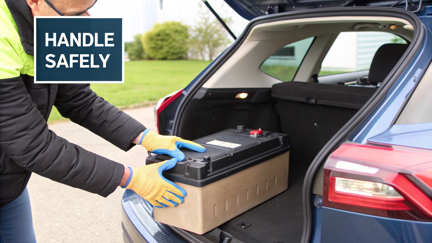 Person wearing safety gloves carefully places or removes a car battery from a car trunk.