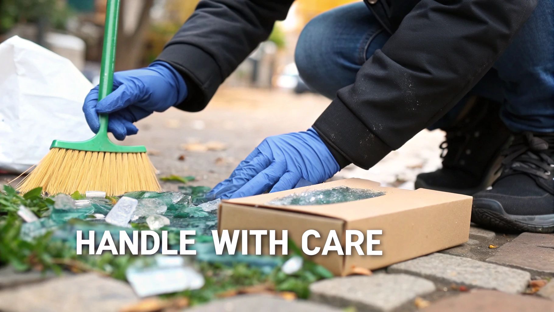 A person wearing blue gloves uses a small green broom to sweep broken glass into a cardboard box.