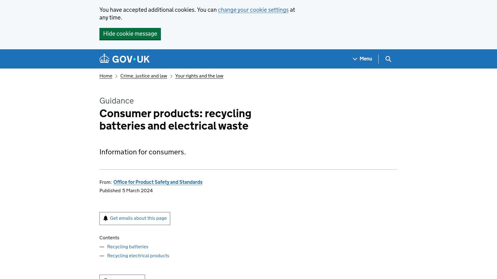 GOV.UK – Consumer guidance on recycling batteries and electricals