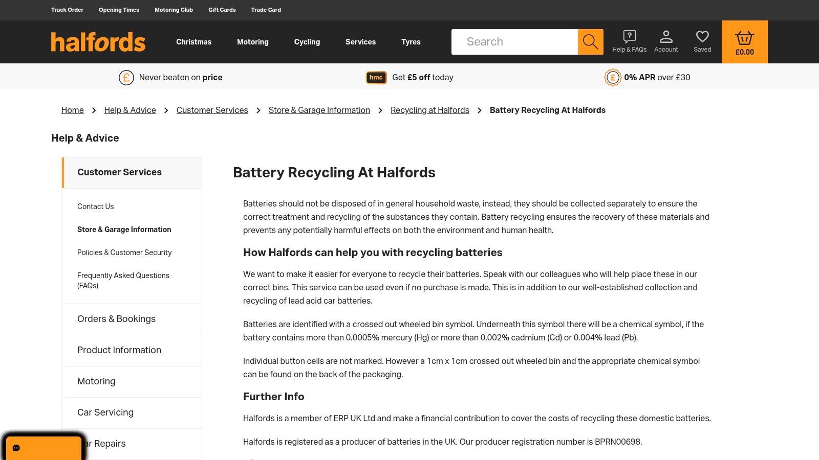 Halfords – Battery recycling (in‑store)