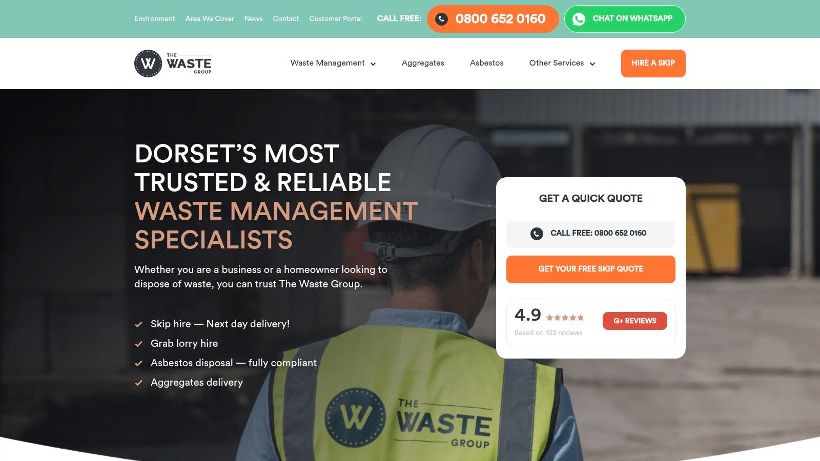 The Waste Group website homepage showing a skip and a grab lorry