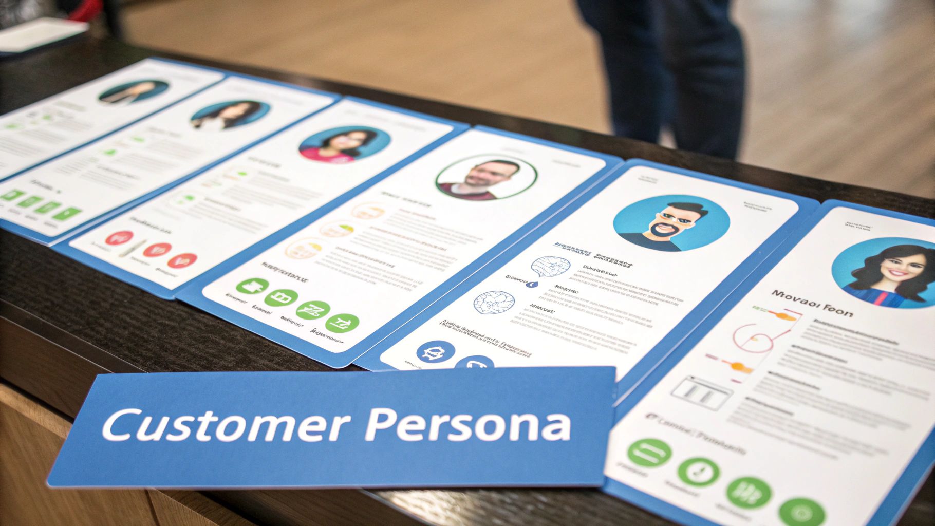 Infographic detailing the components of a customer persona, including demographics, goals, frustrations, and motivations.