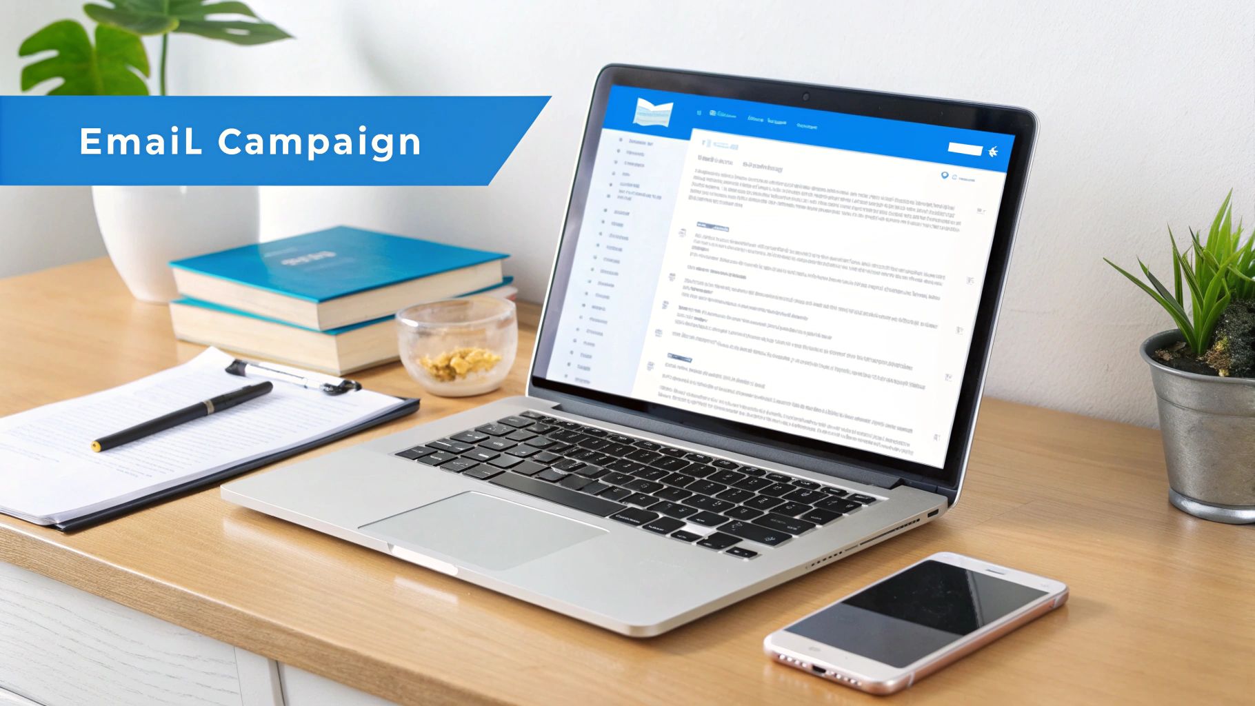 An illustration showing a laptop with an email marketing dashboard, surrounded by icons representing different stages of a campaign like 'send', 'open', 'click', and 'convert'.