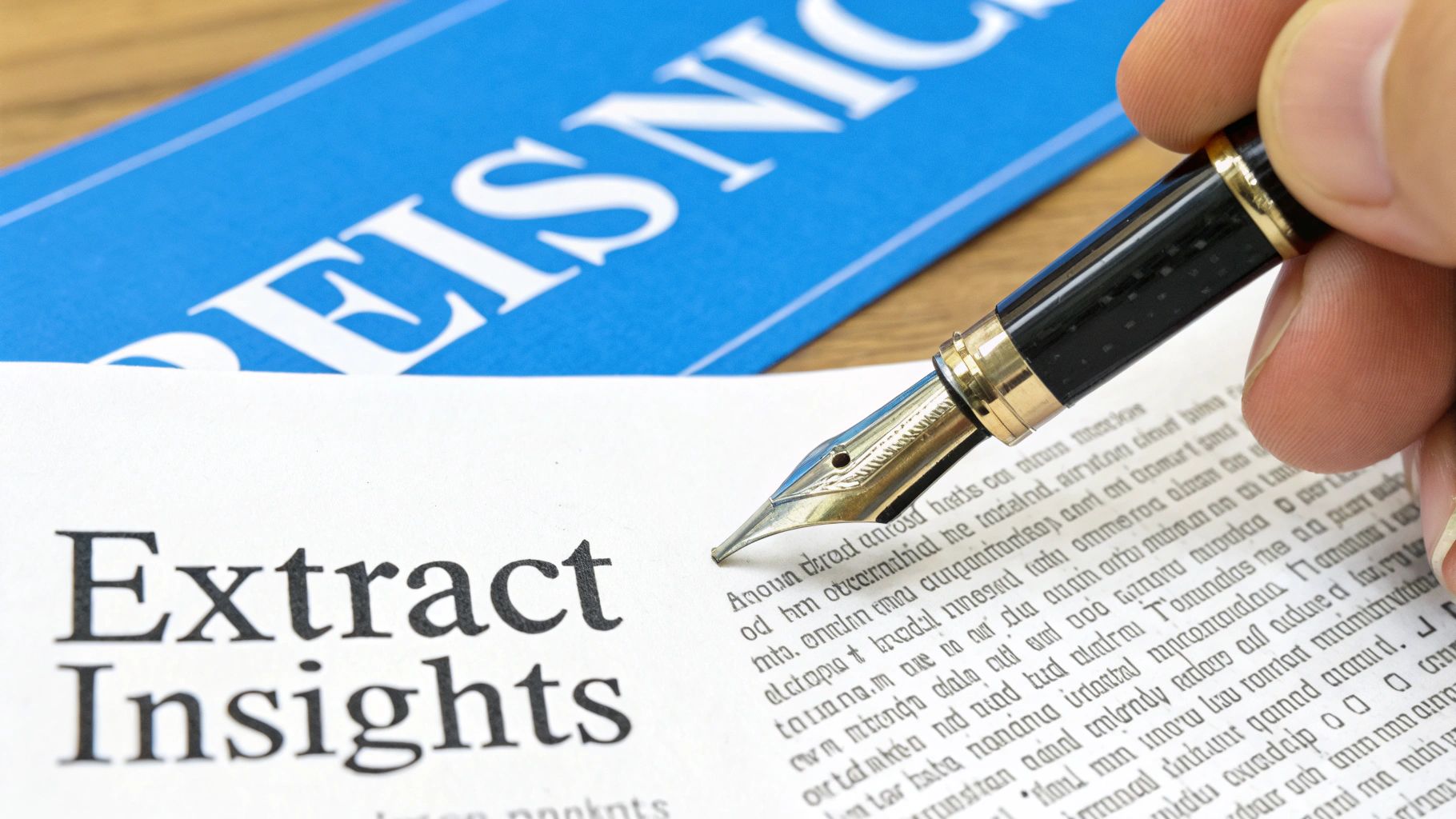 Magnifying glass over a research paper, highlighting key sections.