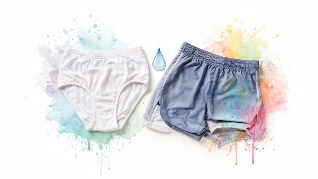 Dry white briefs and wet blue athletic shorts with a water droplet, showcasing moisture.