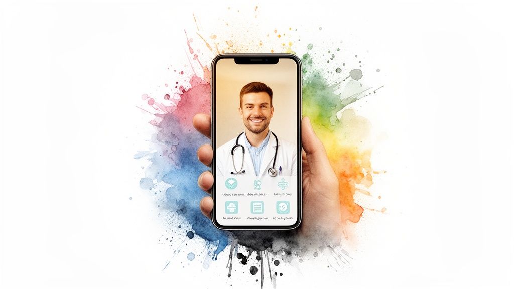 A hand holds a smartphone displaying a friendly male doctor in a virtual urgent care app.