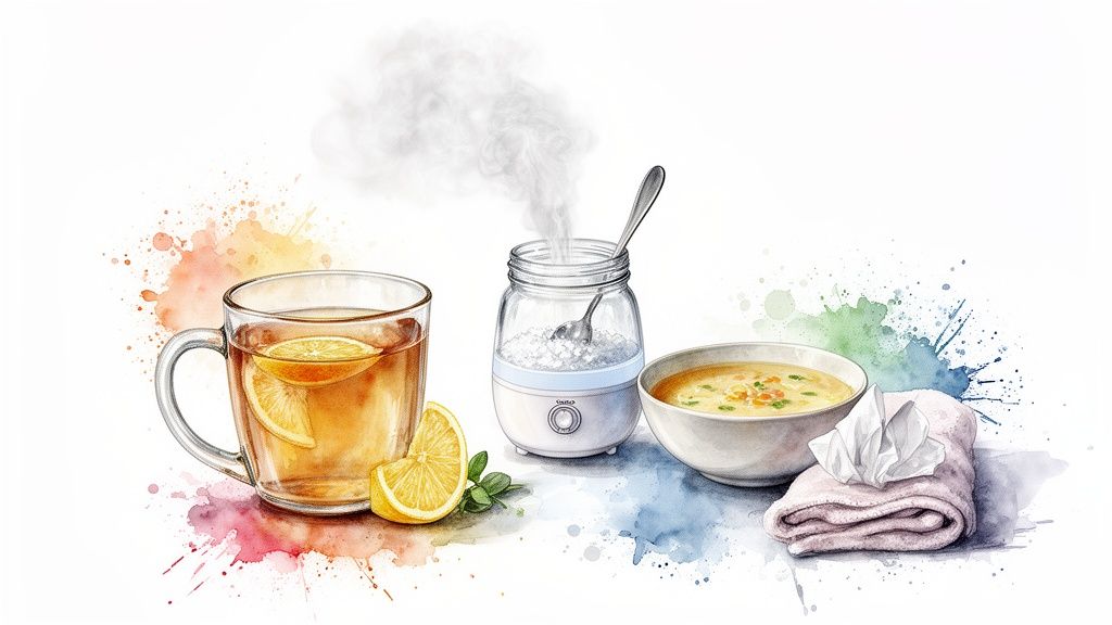 Watercolor illustration of soothing remedies for a cold or flu: hot lemon tea, steam inhaler, soup, and tissues.