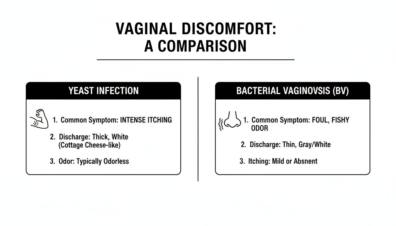 Chart comparing symptoms of yeast infection (itching, thick discharge, odorless) and bacterial vaginosis (foul odor, thin discharge, mild itching).