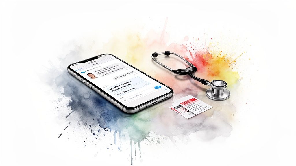 Smartphone displaying medical chat, a stethoscope, and prescription cards on a vibrant watercolor background.