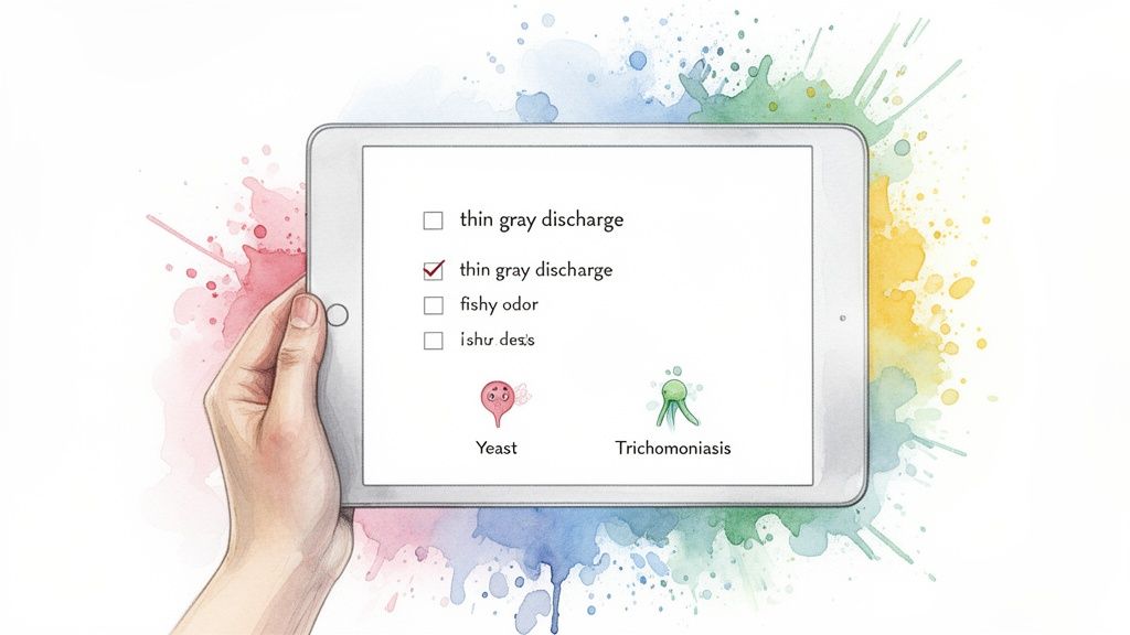 A hand holds a tablet displaying symptoms for Yeast and Trichomoniasis, with 'thin gray discharge' checked.