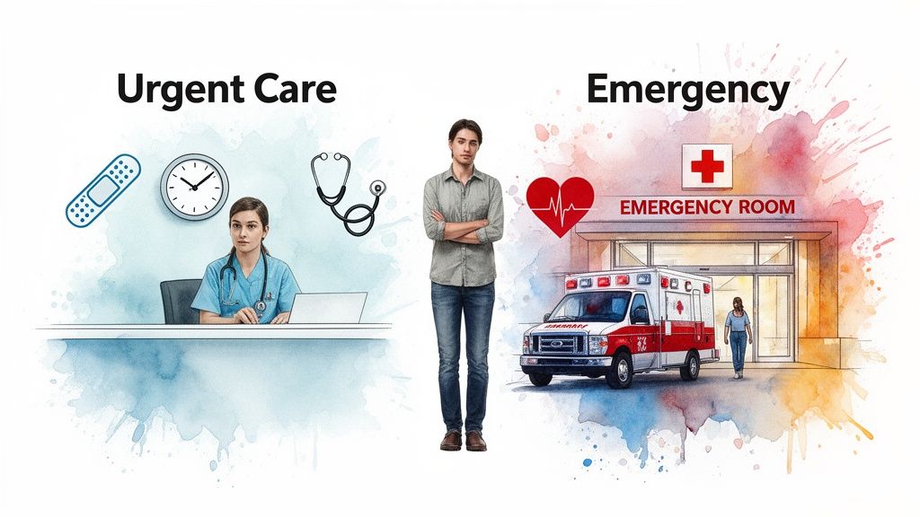 Illustration comparing urgent care with a doctor and tools, to an emergency room with an ambulance.