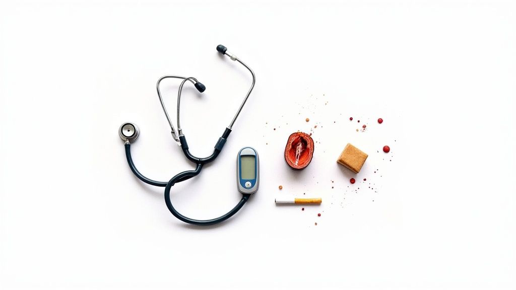 A stethoscope, glucose meter, cigarette, and an unhealthy organ on white, symbolizing health risks.