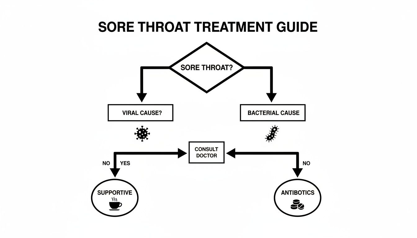 Sore throat treatment flowchart showing pathways for viral and bacterial causes, including supportive care and antibiotics.