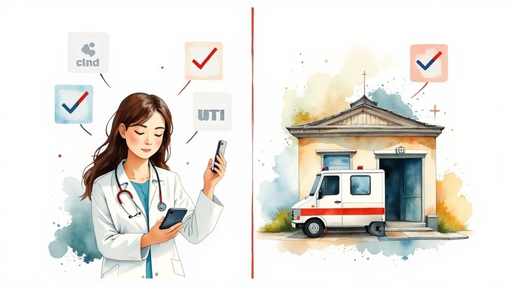 A female doctor uses a smartphone for virtual diagnosis of UTI and other conditions, connecting to an ambulance and clinic.
