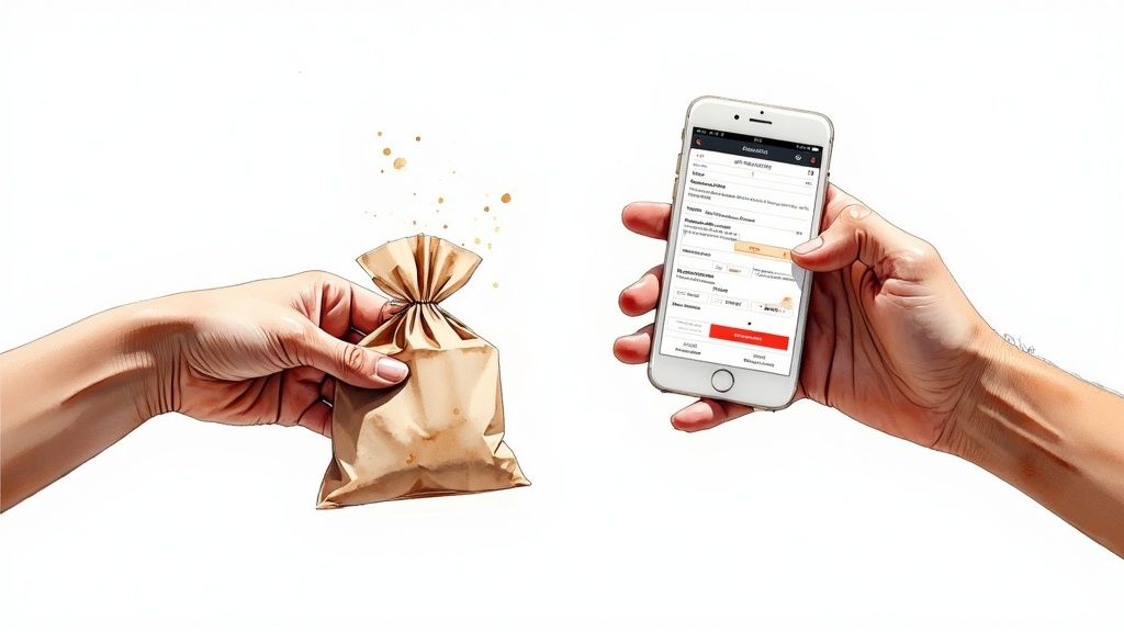 Two hands, one holding a tied brown gift bag and the other a smartphone displaying an online order form.