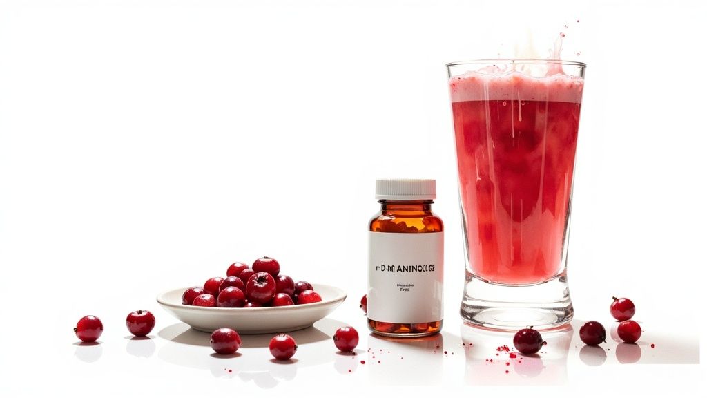 Red cranberries, a supplement bottle, and a glass of splashing red juice on a clean white background.