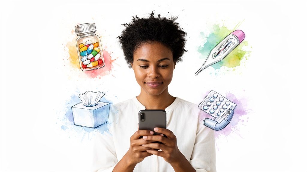 A young Black woman uses a smartphone, surrounded by watercolor illustrations of health items.