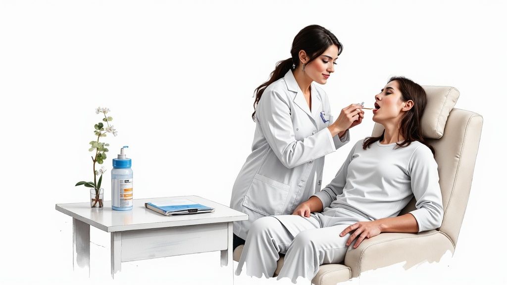 A female doctor in a white lab coat examines a female patient's throat with a tongue depressor.