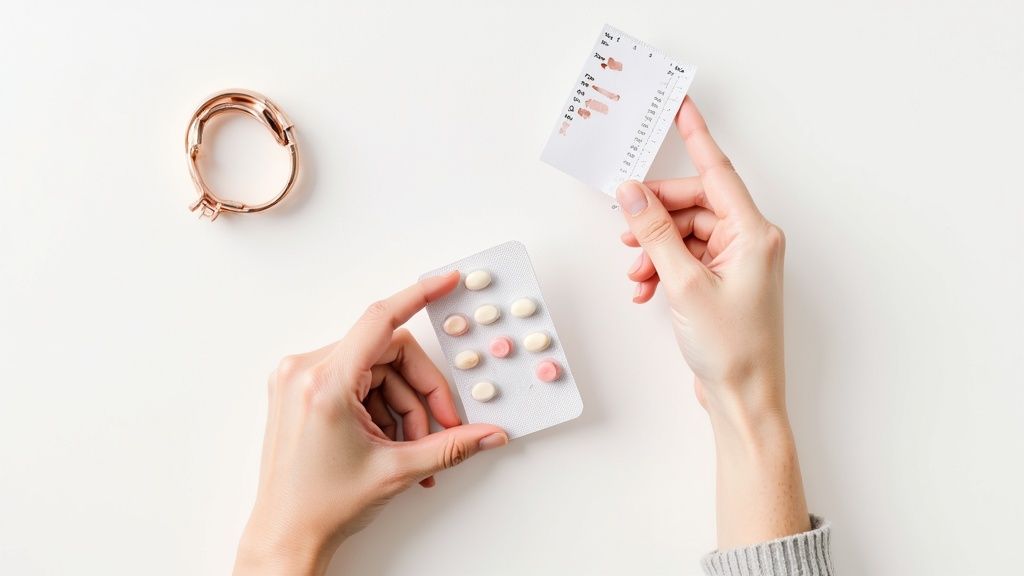 A person's hands hold birth control pills and a schedule card, with a rose gold ring nearby.