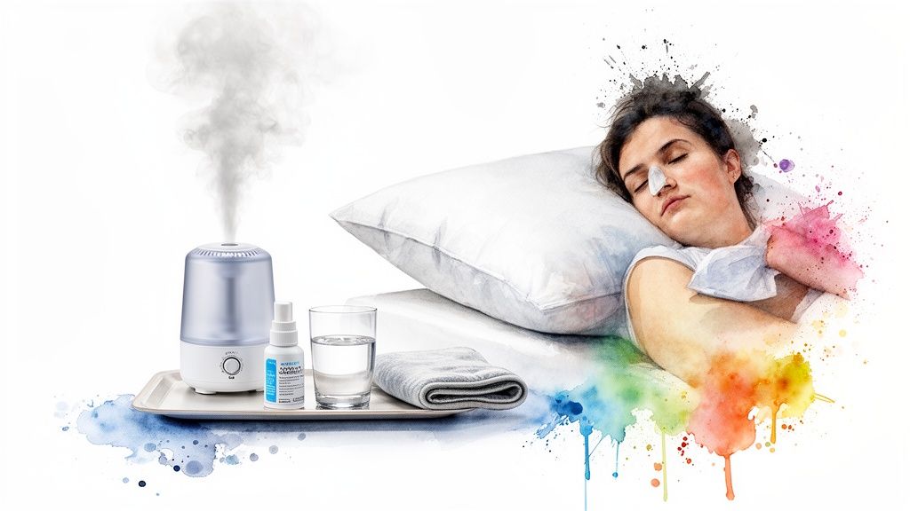 Person sleeping with nasal strip, humidifier, and remedies for sinus relief.