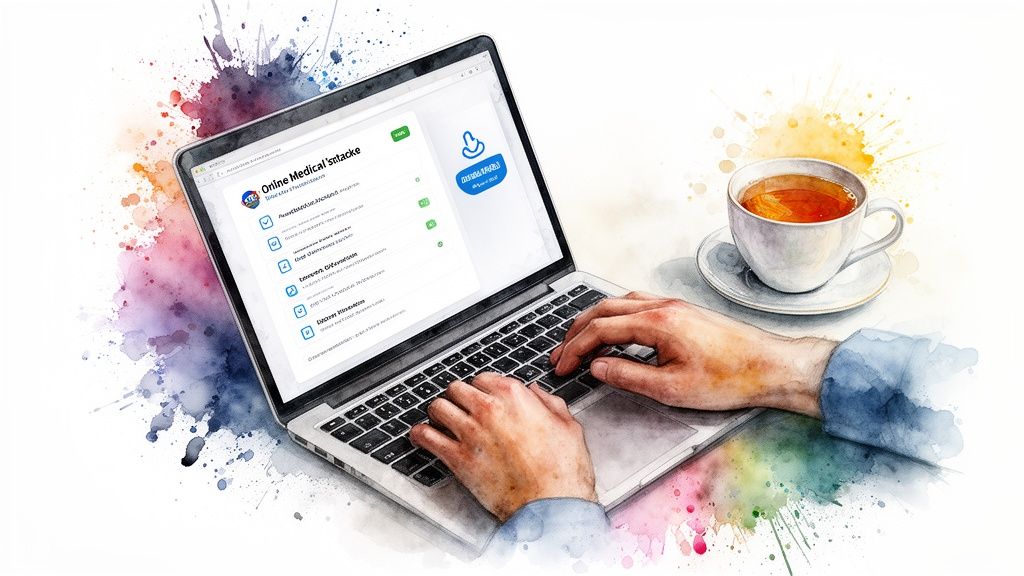 Watercolor illustration of a person typing on a laptop with medical information, beside a cup of tea.