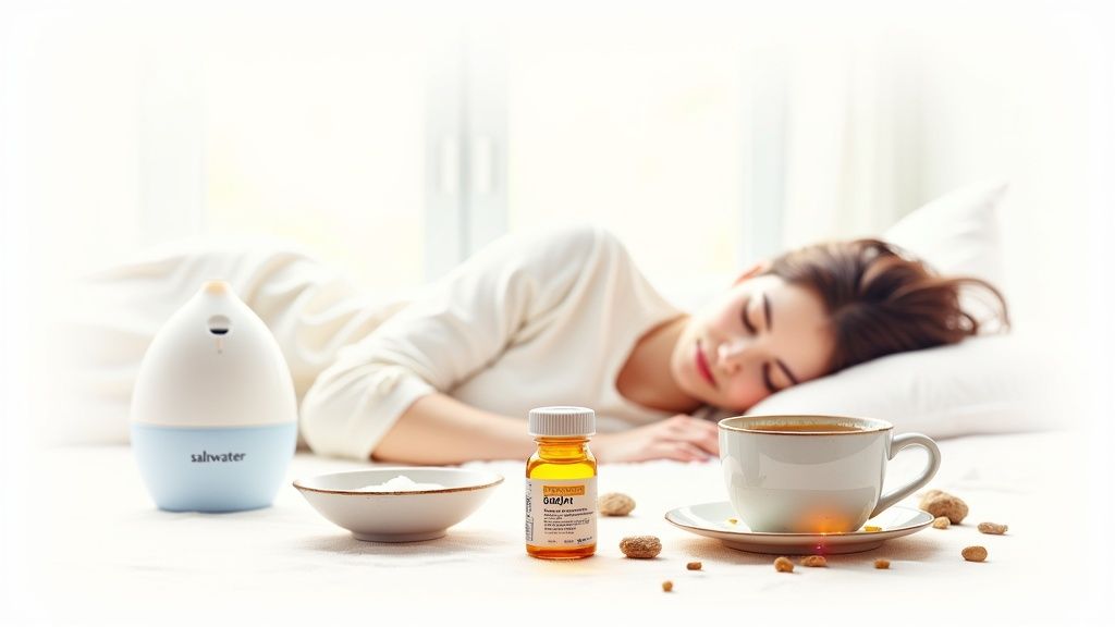 A woman sleeping comfortably next to a saltwater diffuser, medication bottle, and a cup of tea.