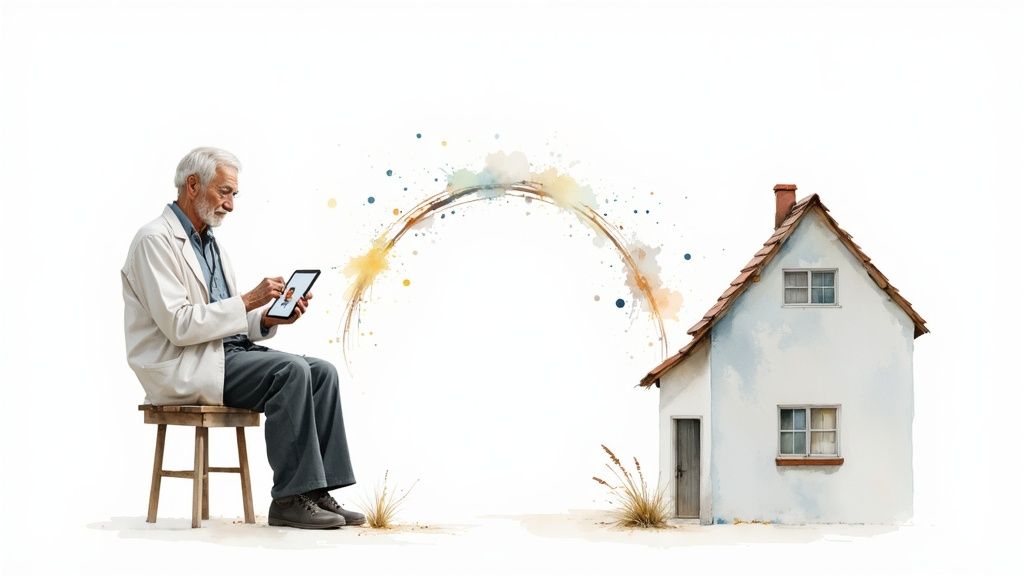 Elderly man uses a tablet for a video call, connected by colorful arch to a rural house, symbolizing telehealth.