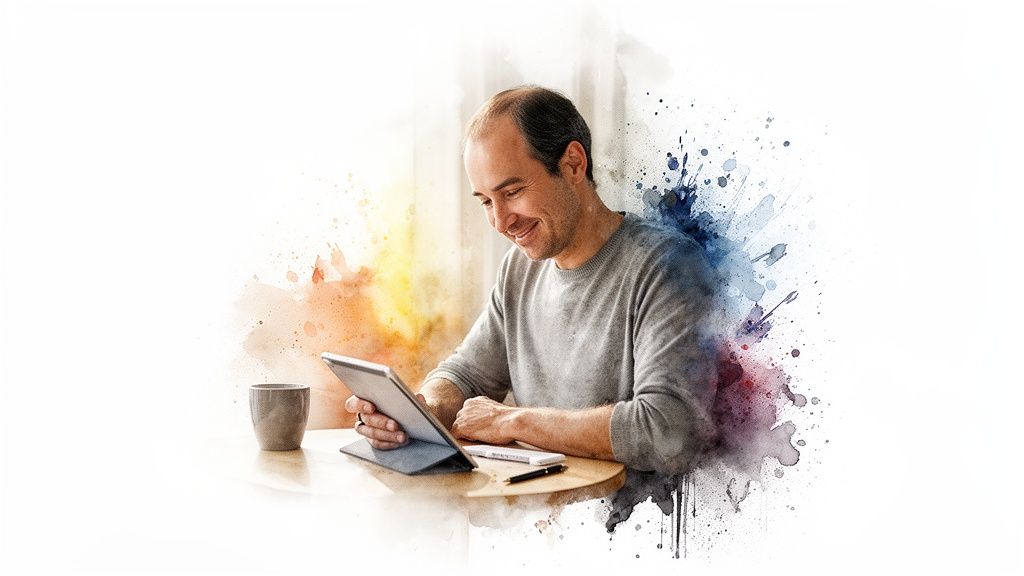 A smiling man using a digital tablet at a wooden table, surrounded by colorful watercolor splashes.