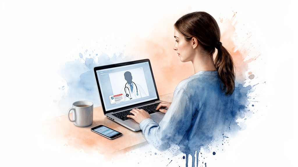 Woman using a laptop for an online doctor consultation, with a mug and smartphone nearby.