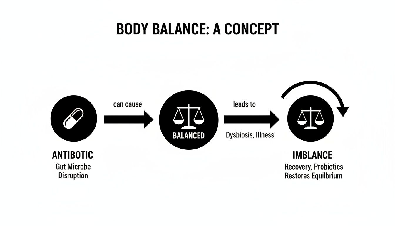 Diagram illustrating how antibiotics disrupt gut balance, leading to dysbiosis and illness, and how probiotics restore equilibrium.