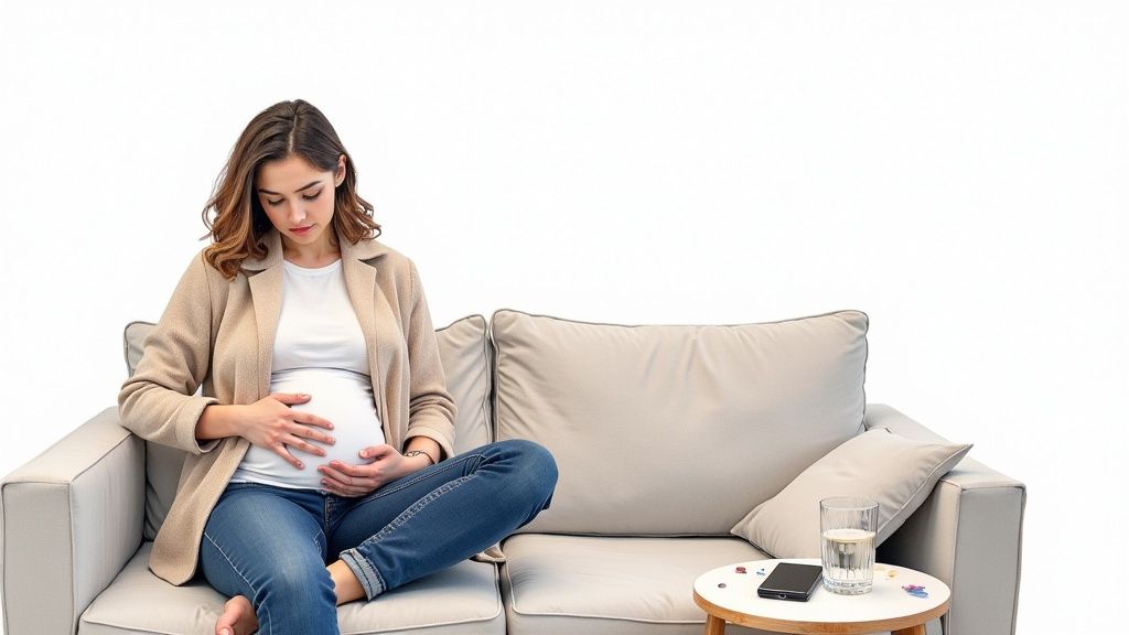 A pregnant woman sits on a sofa, gently holding her belly, looking down at it.