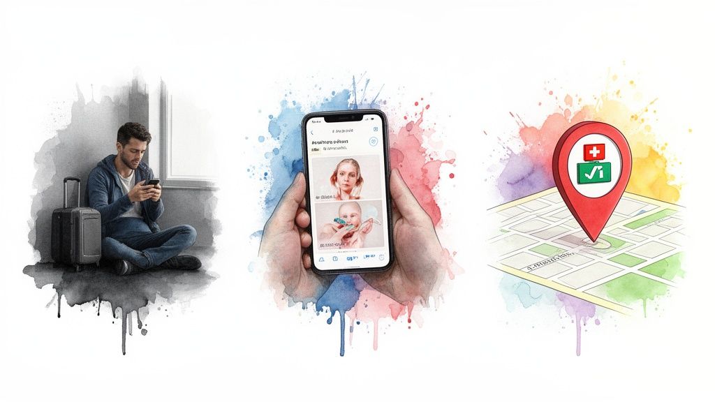 Digital watercolor illustration showing a traveler using a smartphone, a telehealth app, and a map with a medical pin.