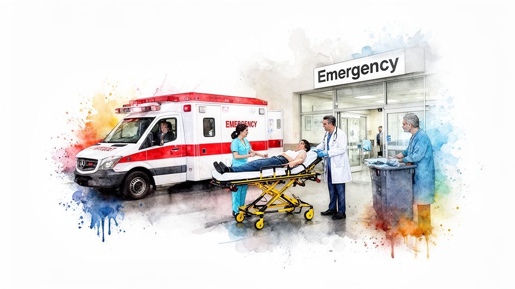 Ambulance arriving at an emergency room entrance with medical staff and a patient on a stretcher.